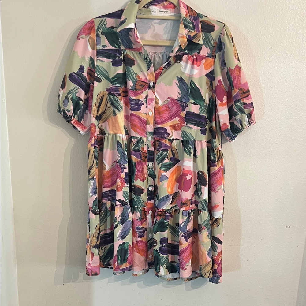 Sunday Up Colorful Brush Stroke Short Puff Sleeve Floral Tiered Mini Dress Large
